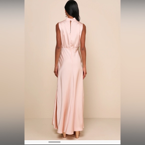 Classic Elegance Blush Satin Sleeveless Mock Neck Maxi Dress - Picture 2 of 6